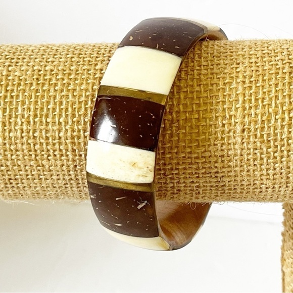 Vintage De Renaudin Natural Horn Bangle Bracelet Cuff Canada Brown Cream Boho - Picture 2 of 9